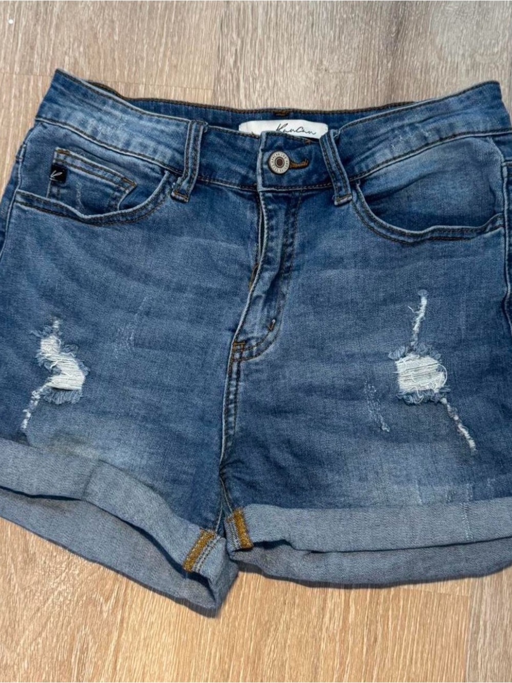 KanCan Dark Blue Distressed Rolled Hem Denim Shorts